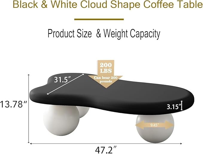 47" Irregular Coffee Table Cloud Coffee Table for Living Room Modern Low Coffee Tables Cute Small Center Table with 3 Ball Legs for Small Space Apartment Black & White