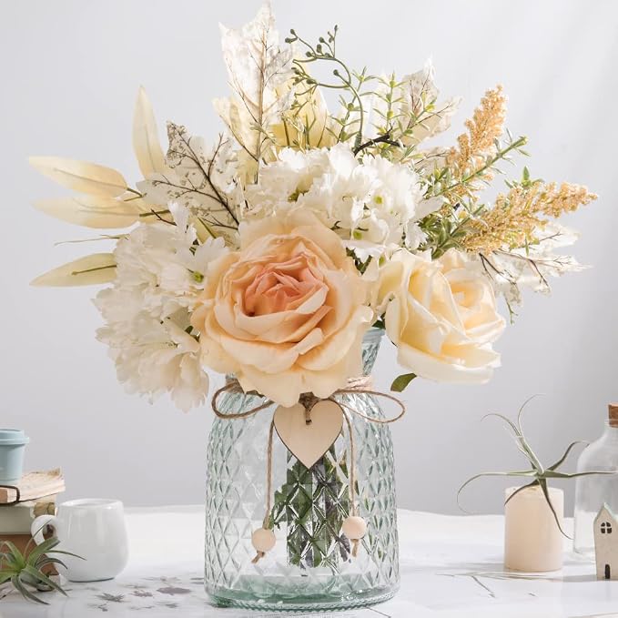 Silk Flowers with Vase, Artificial Flowers Arrangement with Glass Vase Faux Rose for Decoration Table Centerpiece (Hydrangea Rose)
