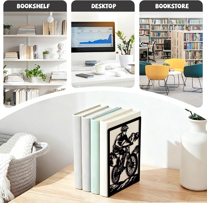 Peacoblue Metal Bookends for Shelves, Modern Decorative Heavy Duty Study Book Ends Stoppers for Office Desk Shelf, Room 5.3"x4.3"x7.9" Cast Iron Tall Bookends 1 Pair (Mountain Off-Road Cyclist)