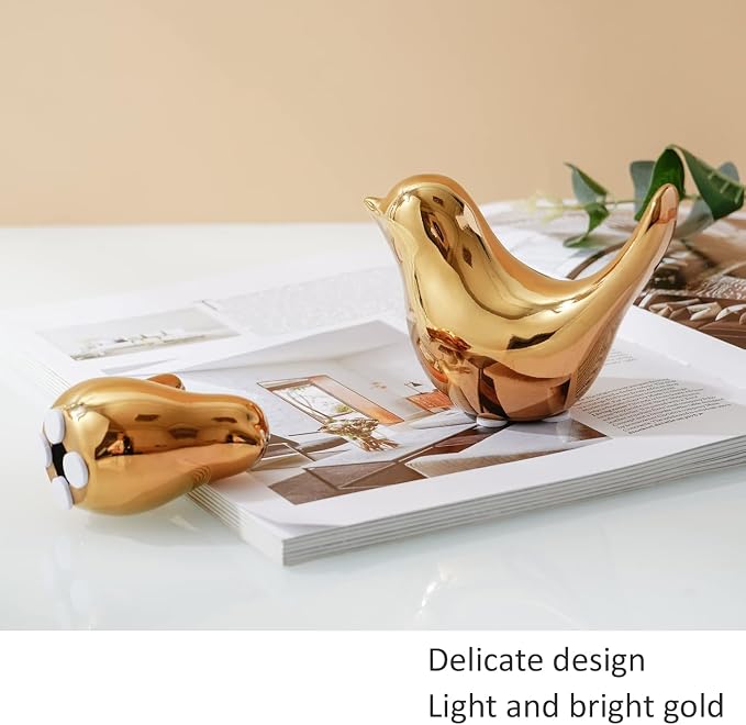 2 Pcs Ceramic Small Bird Figurines Modern Animal Statues for Home 、Room Decor and Bedroom Decor and Bookshelf Display (Gold)