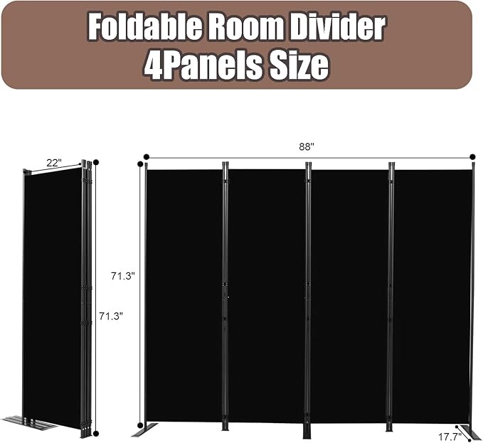 Room Divider-Folding Privacy Screens, 6 ft Partition Room Dividers Wall for Separation, Home, Office, Classroom, Studio (Black, 4 Panel)