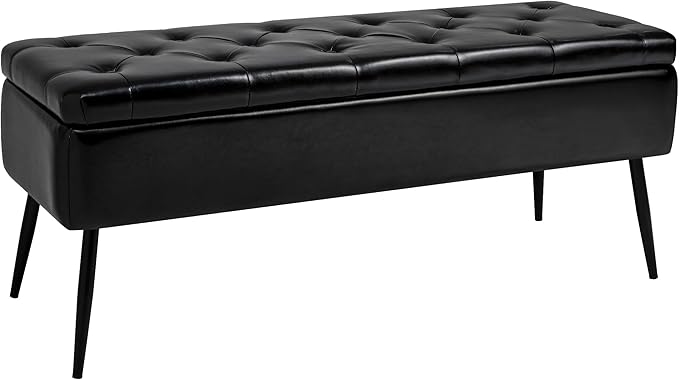 kinmars Leather Storage Ottoman Bench,End of Bed Bench for Living Room Bedroom Dinning Room Entryway,Mid-Century Modern, with Steel Legs,Safety Hinges, Loads 660 lb (with Button, Black)