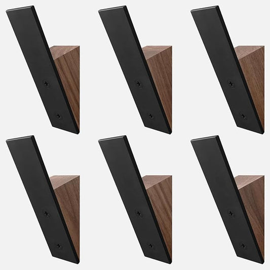 Homeforia Walnut Wood Coat Hooks, High End Walnut Wood & Black Metal Wall Mounted Coat Hooks, Mid-Century Modern Clothes Hooks, Heavy Duty Wooden Hooks for Hanging Coats, Hats, Towels & More, Set of 6