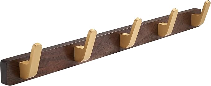Wall Mounted Coat Rack, Entryway Hanging Coat Rack, Metal Wood Coat Rail with 5 Rustic Hooks Rail for Coat, Scarf, Bag, Towel, Key, Cap, Hat, Walnut Gold Matt