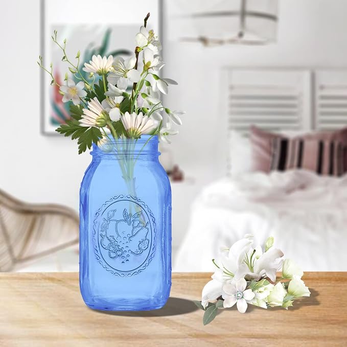 eleganttime Regular Mouth Mason Jars 32 oz,6 Pack Blue Glass Colored Canning Jars with Airtight Lids for Canning,Pickling,Storage,DIY Crafts & Décor