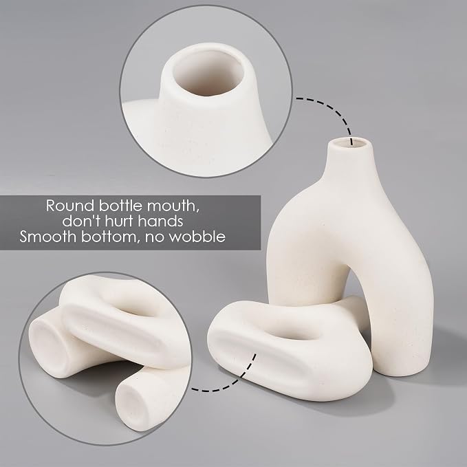 White Ceramic Vase Set of 2 - Minimalist Nordic Style, Matte Donut Vases for Pampas Grass, Ceramic Hollow Donut Vase Decor, Flower Vases for Living Room Wedding Coffee Table Bookshelf Office Decor