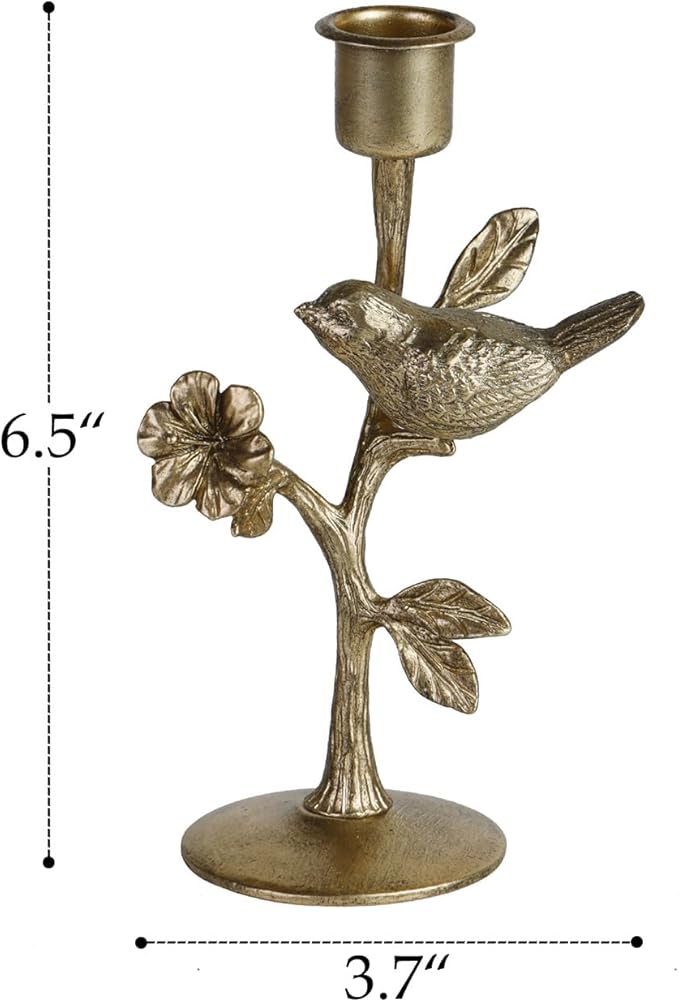 NIKKY HOME Vintage Gold Taper Candle Holders Set of 2, Birds on Branch Elegant Metal Flowers Candlestick for Table Centerpieces, Wedding Decor and Dinner Party