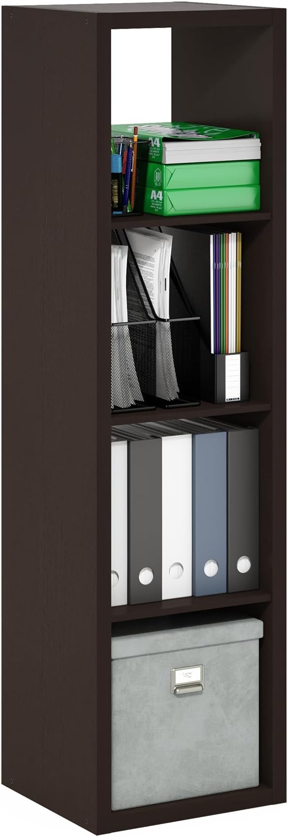 Furinno CUBICLE Book Shelf, Vertical 4-Cube Bookshelf, Extra Thick Horizontally & Vertically Reversible Bookcase with Open Back, 14.6" x 16" x 58",For Living Room, Bedroom, Home Office, Black Dark Oak