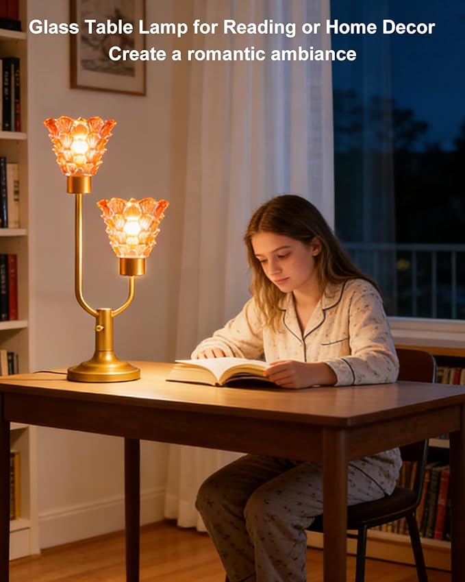 Lightdot Glass Table Lamp Dimmable Mid Century Modern Gold Flower Desk Lamp with Thickened Amber Glass Shades 2 Bulbs Included 3000K Warmwhite Nightstand Lamp for Bedroom Bedside Living Room