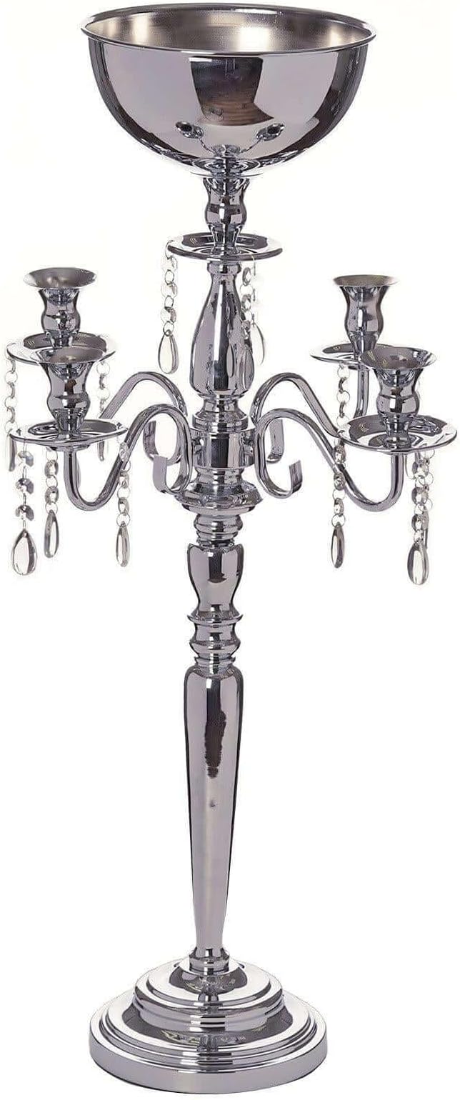 Efavormart 33" Silver Metal 4 Arm Candelabra Votive Candle Holder, Flower Vase Bowl