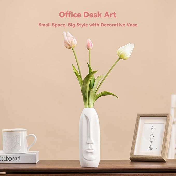 White Ceramic Face Vase - 8.4" Unique Flower Vase with Matte Finish, Decorative Boho/Farmhouse Vase for Pampas Grass & Centerpieces, Living Room/Office Desk Decor & Gift for Her/Yourself