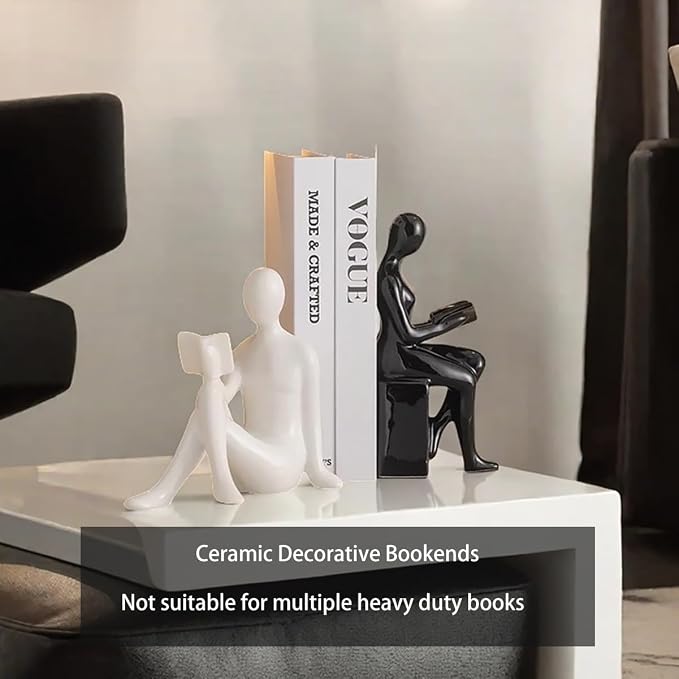 Decorative Bookends, Ceramic Book Ends for Shelves, Home Office Decor Aesthetic Book Stopper Reading Book Holders Statues for Bookshelf Bedroom Living Room Decoration (White and Black)