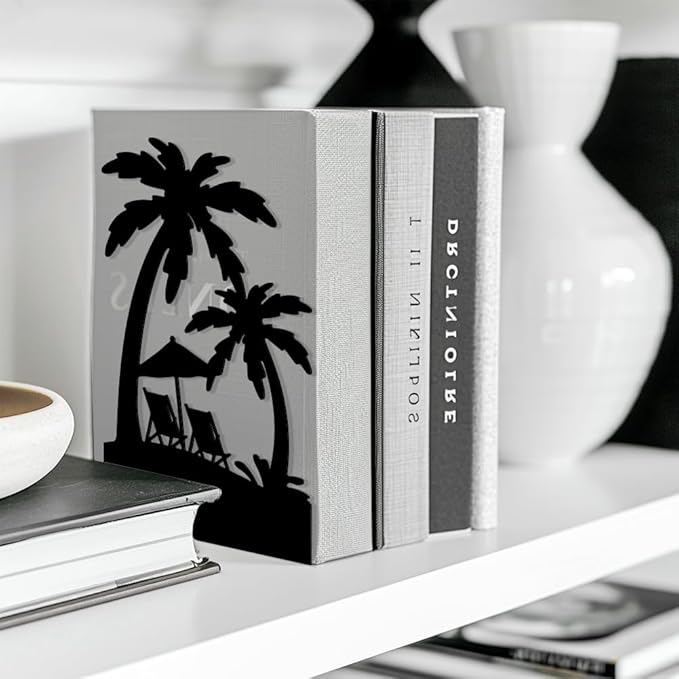 Peacoblue Metal Bookends for Shelves, Modern Decorative Heavy Duty Study Book Support Stoppers for Office, Desk, Shelf, Room 5.3"x4.3"x7.9" Cast Iron Simple Tall Bookends, 1 Pair (Beach and Palm)