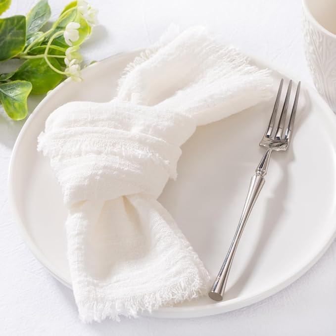 MLMC 6 Pack Ivory White Cloth Napkins with Fringe Boho Linen Napkins Washable Reusable Rustic Dinner Table Decor 17"×17" for Wedding Party Bridal Baby Shower Home Decor