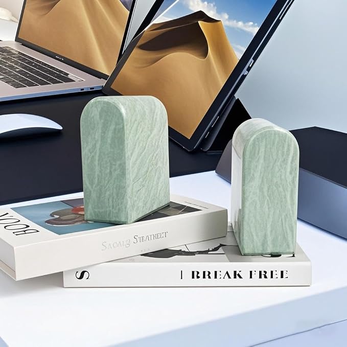 Luxury Marble Bookends for Shelves, 13LB Heavy Duty Marble Book Ends for Heavy Books, Stone Bookends Decorative, Polished, Light Green Arch, Set of 2