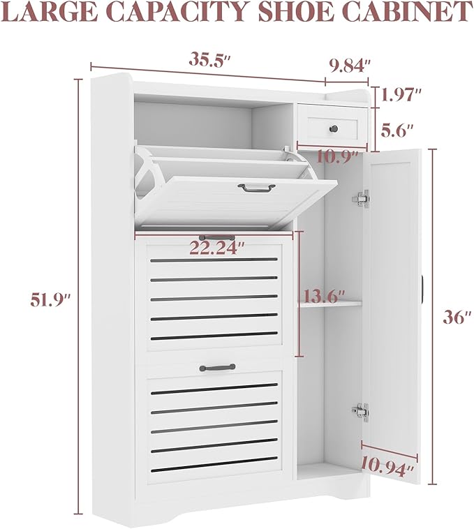 Narrow Shoe Storage Cabinet with 3 Flip Drawers, Doors & Adjustable Shelves, Slim Shoe Rack Cabinet for Entryway Closet, Deodorizing Wooden Boot Storage Organizer Freestanding Hidden, White
