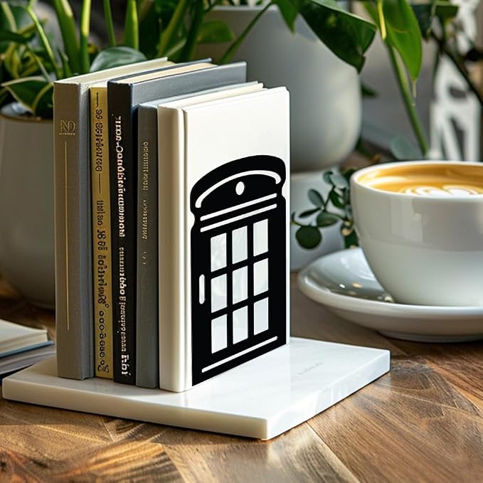Peacoblue Metal Bookends for Shelves, Modern Decorative Heavy Duty Study Book Support Stoppers for Office, Desk, Shelf, Room 5.3"x4.3"x7.9" Cast Iron Simple Tall Bookends, 1 Pair (Telephone Booth)