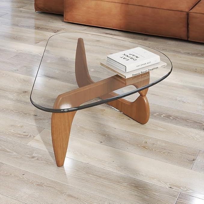 Coffee Table for Living Room &Small Space, 35.5″ Modern Glass Coffee Tables, Solid Wood Base, Triangle Tempered Glass Top, Curved Transitions, Funky Rustic Center Tables