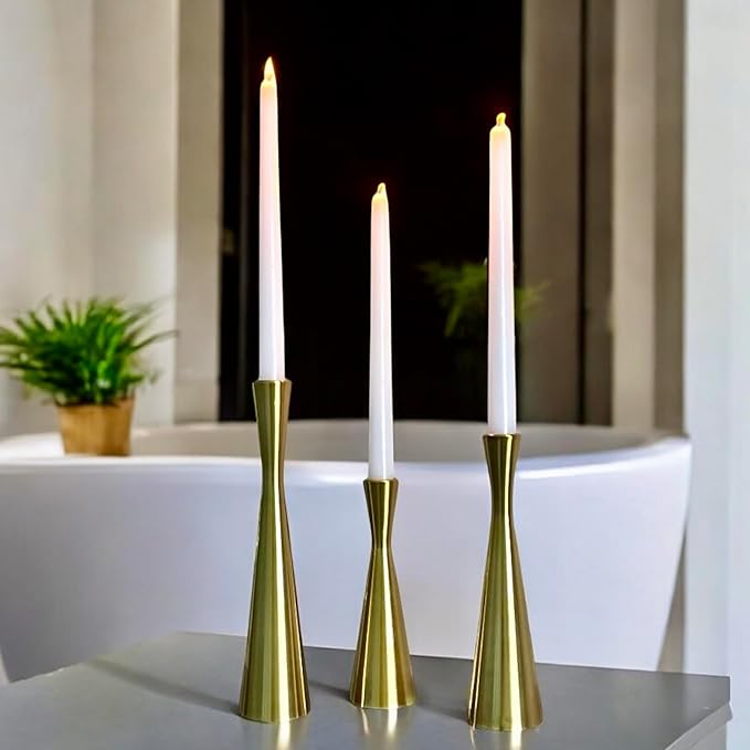 3 Gold Metal Candle Holders - Includes 3 Candles | Ivory 10" Taper | Dining Table Centerpiece | Wedding | Mid-Century Modern MCM Décor | Holiday | Housewarming Gift | Mantel | Foyer | Living Room