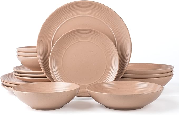 Arora RINGAR Round Stoneware 16pc Double Bowl Dinnerware Set for 4, Dinner Plates, Side Plates, Cereal Bowls, Pasta Bowls - Speckle Matte Coral (407490)
