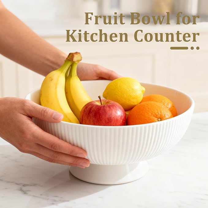 Gutedeal 10 Inch Large Decorative Bowl Handmade Ceramic Matte White Striped Decor Bowls, Spacious Fruit & Key Catch All Bowl for Kitchen Counter, Entryway, Centerpiece, Wedding