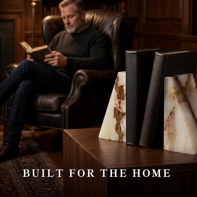 Bey-Berk White Triangular Onyx Marble Bookends - Heavy-Duty Wedge Design, Modern Office and Bookshelf Organizer