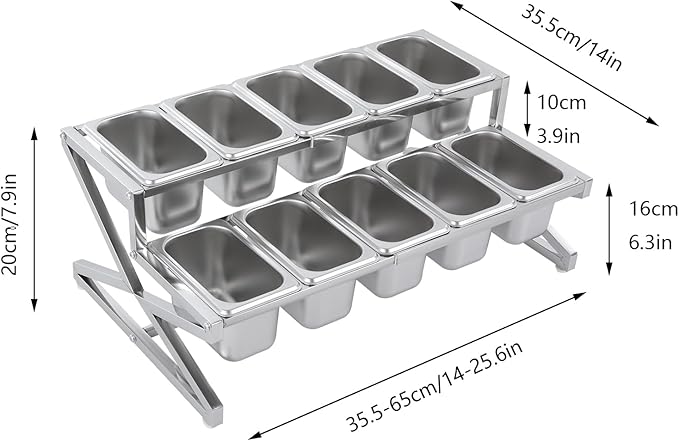 10 Pans Spice Rack Shelf 2 Row Expandable Stainless Steel Spice Organizer Stand with Lids Countertop Inclined Holder Buffet Containers Set for Sauce Jam Ingredient Kitchen Restaurant