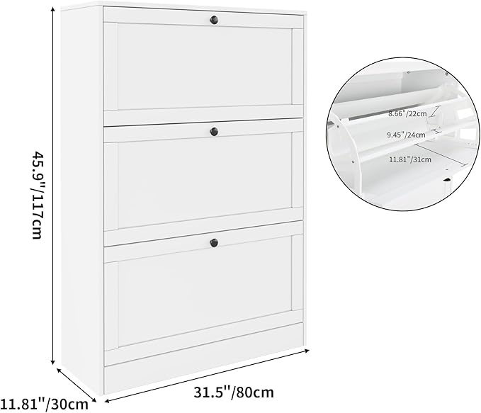 VOWNER Shoe Storage Cabinet with 3 Flip Drawers, Shoe Cabinet with 3-Tier Shoe Rack & Adjustable Shelves, Shoe Organizer for Entryway, Hallway, White