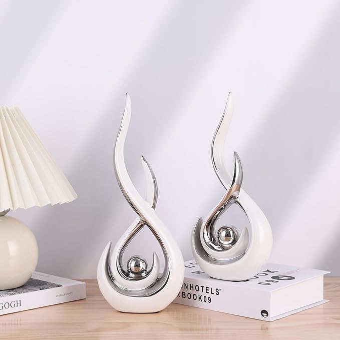 2PCS Abstract Art Ceramic Sculptures, Modern Decor Figurines for Living Room Decorative Objects, Sculptures Home Decor Set for Table, TV Stand, Entryway, Bookshelf Display (White Silver)