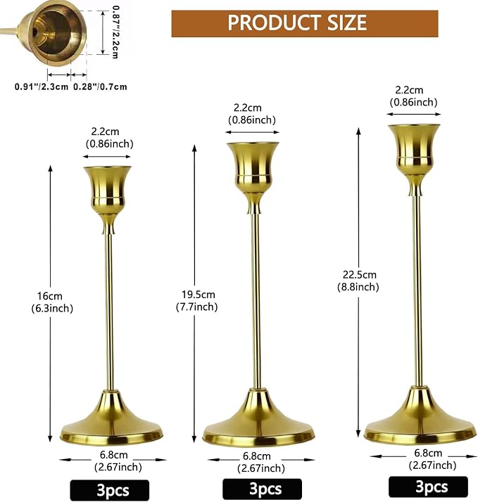1 Sets Candle Holder Brass Gold Candlestick Holders - HearthLume Vintage Modern Metal Taper Candle Holders, Decorative Centerpiece for Table Mantel, Wedding Kitchen Home Decor, Wedding Gift,3Pcs
