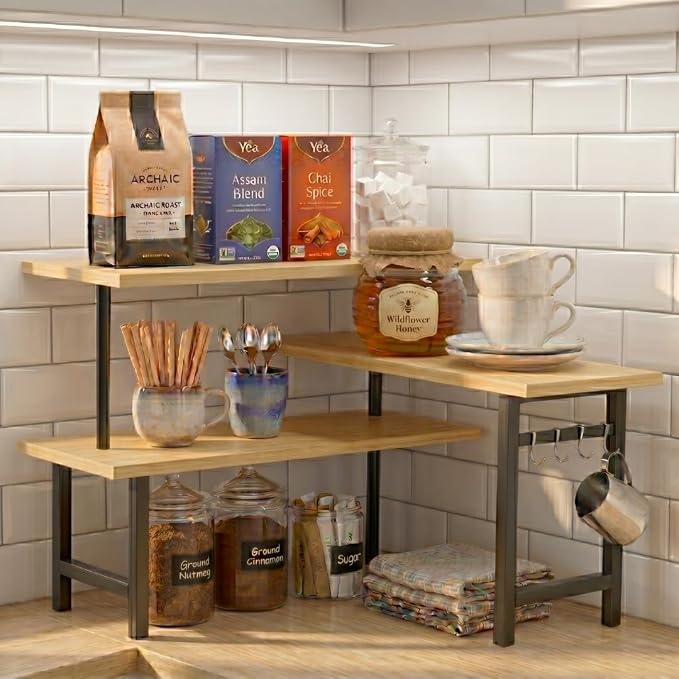 3-Tier Bamboo Corner Organizer, Extended Top Shelf, Kitchen and Coffee Bar | Corner shelf for kitchen counter, coffee bar, bathroom vanity storage, spice rack, space saving bamboo countertop shelf