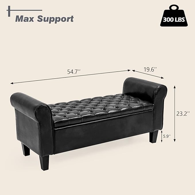 ECOTOUGE Storage Bench for Bedroom, Rolled Arm Ottoman, Rectangular Leather Upholstered Footrest for Living Room, Black
