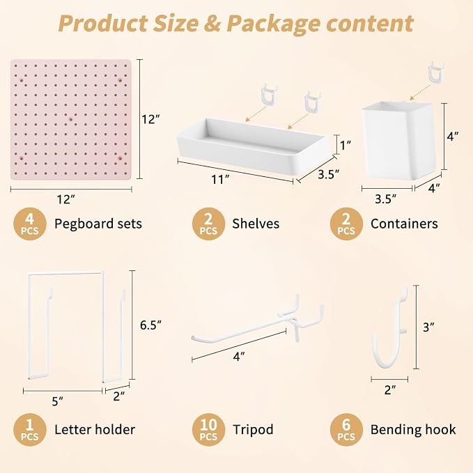FZK Pink Peg Board Wall Organizer, 12" x 12" Modular Plastic Pegboard Display Panels for Office, Bedroom & Home Decor, Wall Mount Storage Kit with Hooks & Shelves (4 Panels)