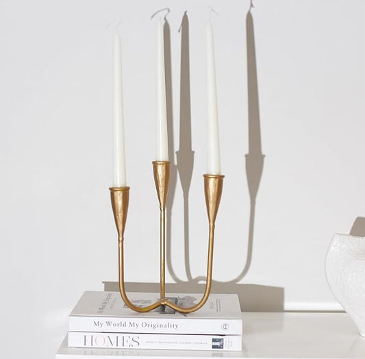 Modern 3-Arm Candelabra Holder, Cast Iron Metal Candlestick Holders 9.3 Inches Tall Candle Holder Candle Stand Brass Gold Candle Stand, Curved Design