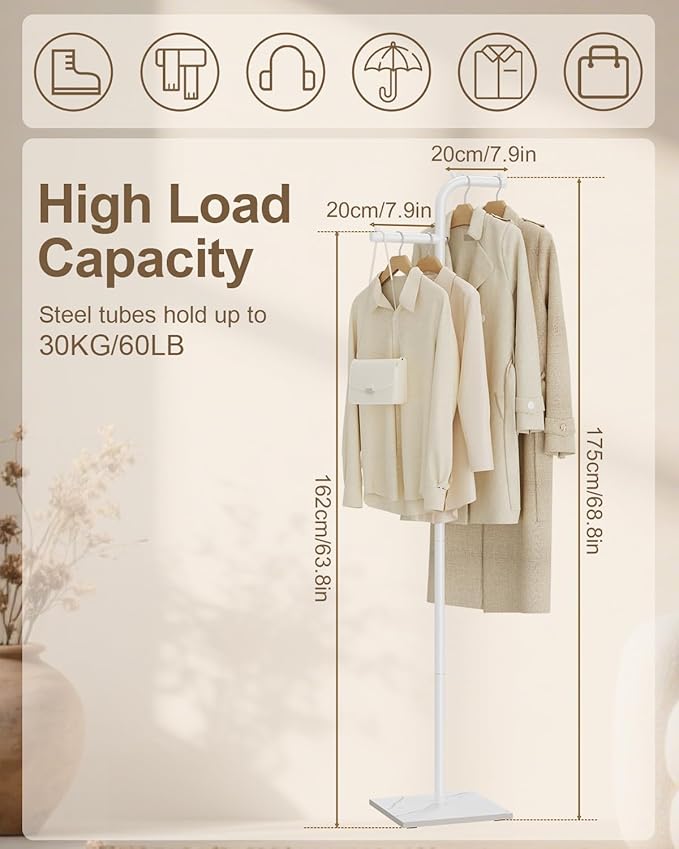 Coat Hanger Stand, Modern Garment Rack with Rock Slab Base, Heavy-duty Metal Clothes Tree for Boutiques, Hallway, Entryway, 68.9 Inches High, White, GYJ012W