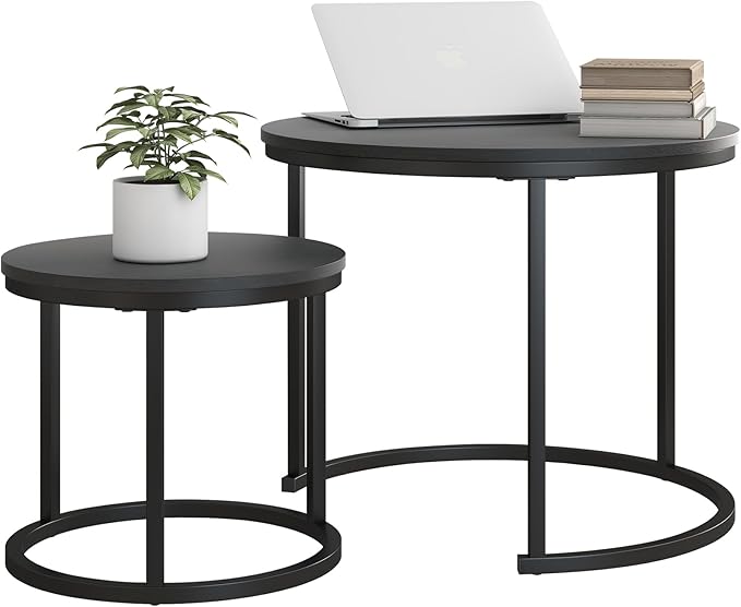 HOJINLINERO Round Coffee Table,Nesting Coffee Table Set of 2,Center Tables for Living Room,Office, Home Small Space,Stacking Side Tables,Sturdy and Easy Assembly,Wood Desktop,Black,Small