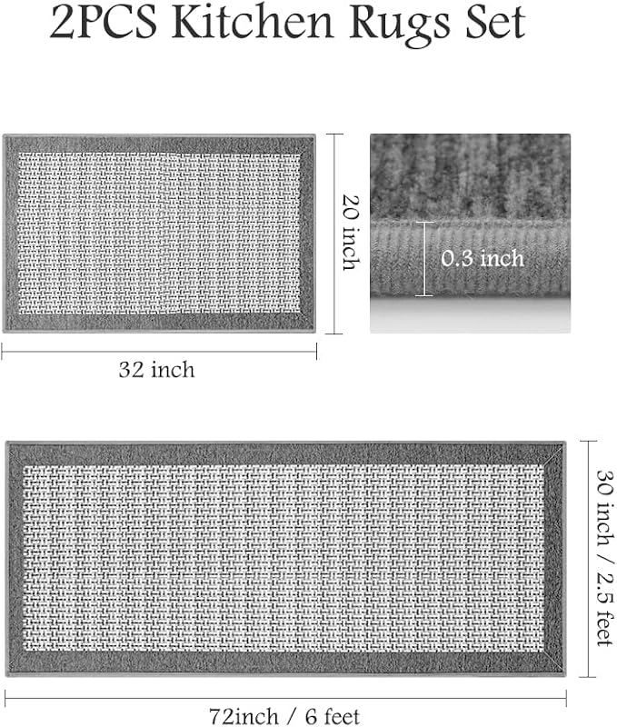 PADOOR Non Slip Kitchen Rugs Sets of 2 - Extra Large 2.5'x6' + 20"x32" Runner Rugs for Kitchen Floor Non Skid Washable, Absorbent Kitchen Mat for in Front of Sink 2 Piece Grey