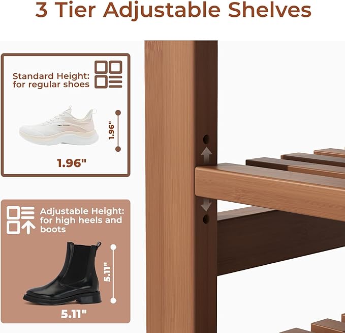39.4" Bamboo Shoe Bench with Cushion, 6 Hooks Coat Rack, 3-Tier Adjustable Storage Bench for Entryway, Heavy Duty Shoe Rack Organizer with Removable Soft Cushion for Living Room Bedroom Hallway