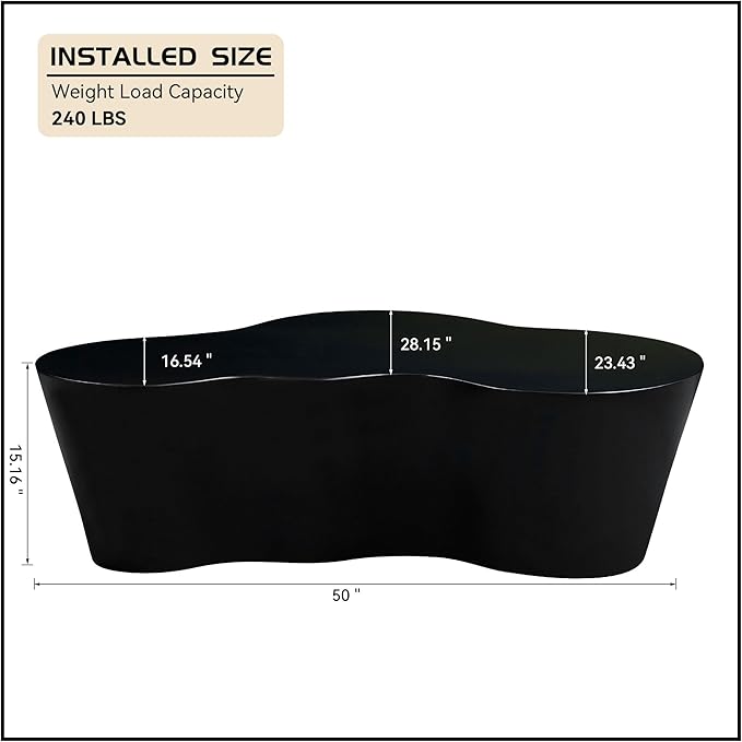 50" Coffee Table Modern Irregular Center Table Fiberglass Sturdy Table for Living Room, No Need Assembly Black