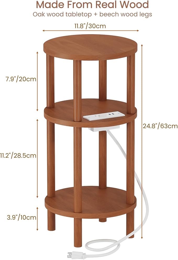 LUCKNOCK Small Round Side Table with Charging Station, 3-Tier Solid Wood End Table, Narrow Compact Sofa Bedside Table for Small Spaces, Easy Assembly for Living Room, Bedroom, Apartment (Walnut)