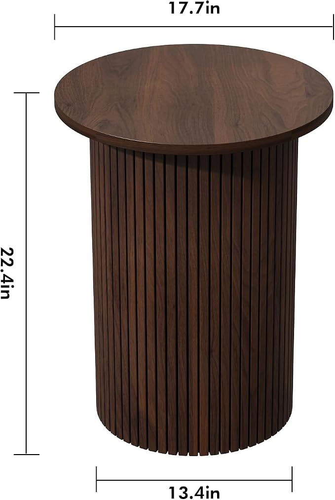 Wnutrees Round Fluted End Table, Small Accent Pedestal Side Table, Wood Fluted Nightstand Bedside Table for Living Room, Bedroom, Handcrafted Finish, Brown, 2Pack