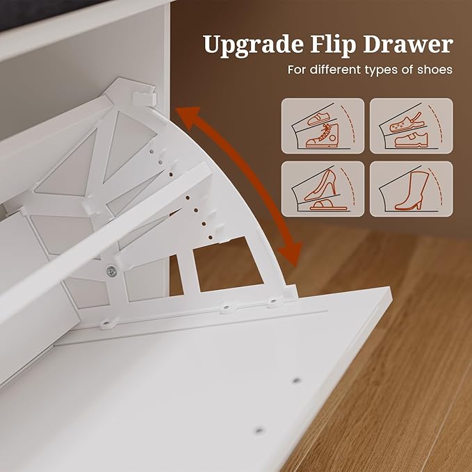 UPOSOJA Farmhouse Storage Bench with Flip Drawers & Padded Seat Cushion, Half Hidden Shoe Rack Organizer, Adjustable Shelf Shoe Cabinet for Entryway, Bedroom, Living Room (White, 57IN)