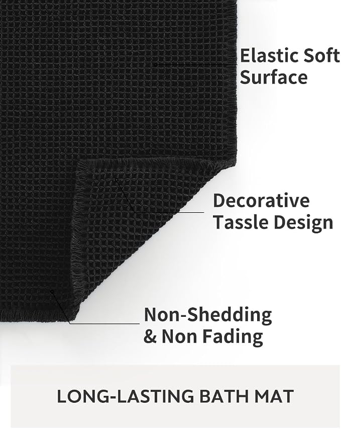 tchdio Waffle Bath Mat Rug, Super Absorbent Non Slip Bath Mats Ultra Soft Bathmat Machine Washable Bathroom Rugs with Tassels, Bath Rugs for Bathroom Floor Beside Tub, 17" x 24", Black
