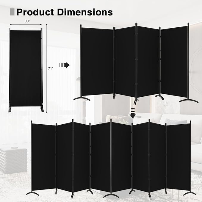 Room Divider-Folding Privacy Screens, 6 ft Partition Room Dividers Wall for Separation, Home, Office, Classroom, Studio (Black, 8 Panel)