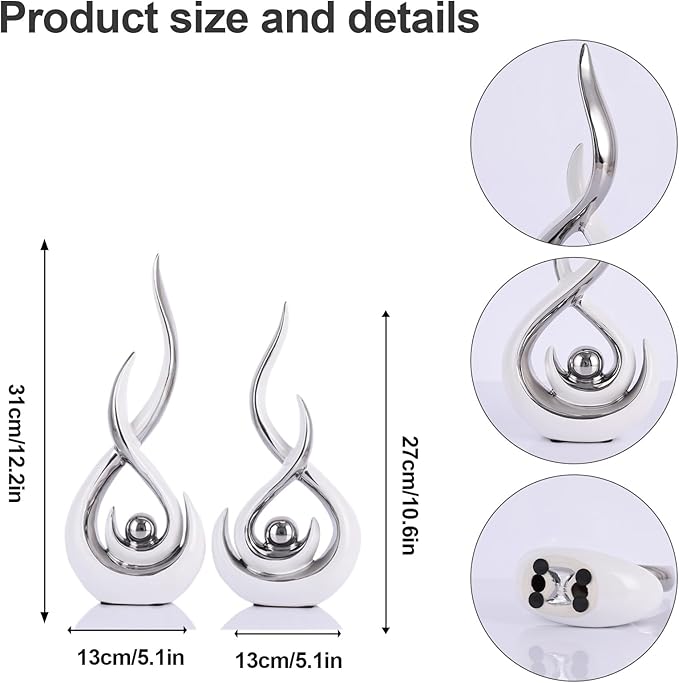 2PCS Abstract Art Ceramic Sculptures, Modern Decor Figurines for Living Room Decorative Objects, Sculptures Home Decor Set for Table, TV Stand, Entryway, Bookshelf Display (White Silver)