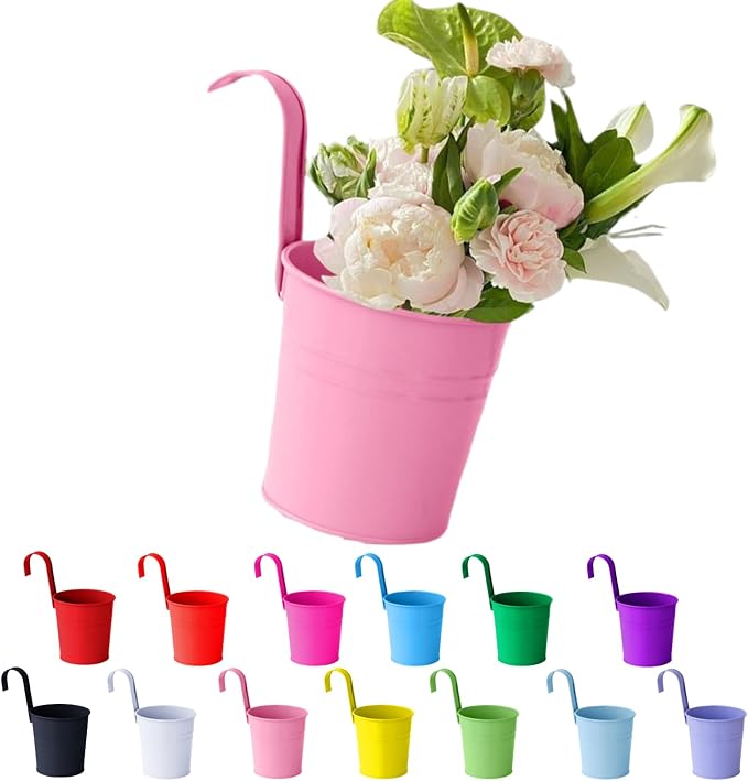 Hanging Flower Pots For Railings, Hanging Galvanized Metal Flower Pot with Hook, Tinplate Hanging Buckets for Garden Balcony Flowers, Colorful Planter for Flowers Grasses and Succulents (Pink)
