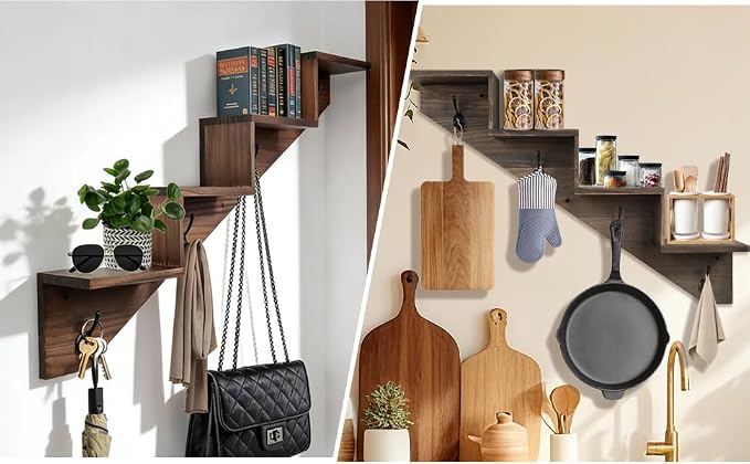 Hookmous Coat Rack Wall Mount with Shelf, Brown Wall Shelf with Hooks, Sturdy Wooden Fall Staircase Shelves, Space-Saving Decorative Organizer for Entryway, Mudroom, Hallway, Living Room, Bedroom