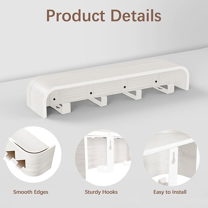 Coat Rack Wall Mount with Hidden Hooks, Wall Hooks with Shelf, Wall Key Holder Mount Wooden Shelf Entryway Hooks for Bedroom Bathroom for Hanging Coats Hats Bags Towels (White Wave-Shape, 4 Hooks)
