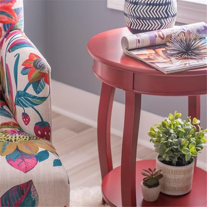 BOWERY HILL Round Wood End Table with Shelf, Red Finish, 18.5" w x 18.5" d x 24" h, MDF and Pine Wood, Durable Accent Table with Cabriole Tapered Legs for Living Room or Bedroom