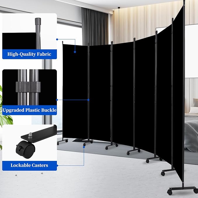 Room Divider 6FT Room Partition with Lockable Wheels Room Dividers, Freestanding Indoor Folding Privacy Screens, Portable Fabric Wall Divider (Deep Black, 132"- 6 Panel)